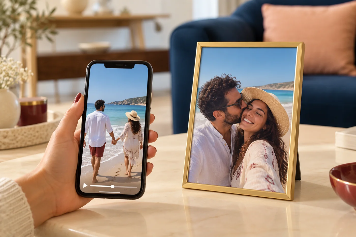 Une photo dans un cadre doré et son souvenir sur un téléphone — illustration générée par IA